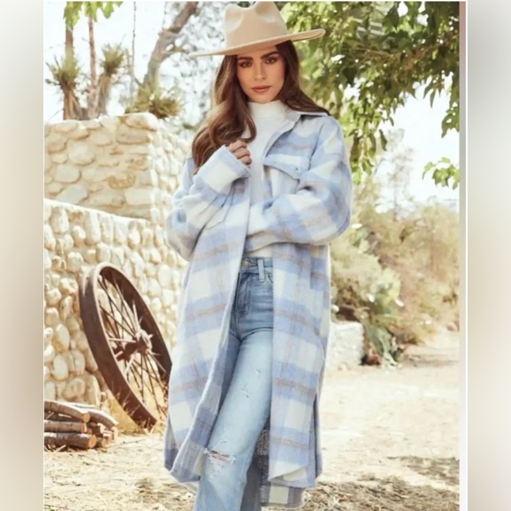 Miss Lola Blue Plaid Long Coat